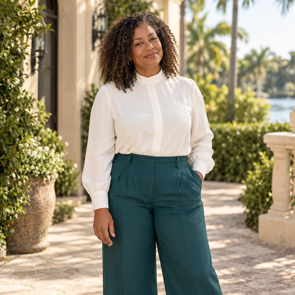 Illustrative photograph of a smiling woman in a white blouse in a garden