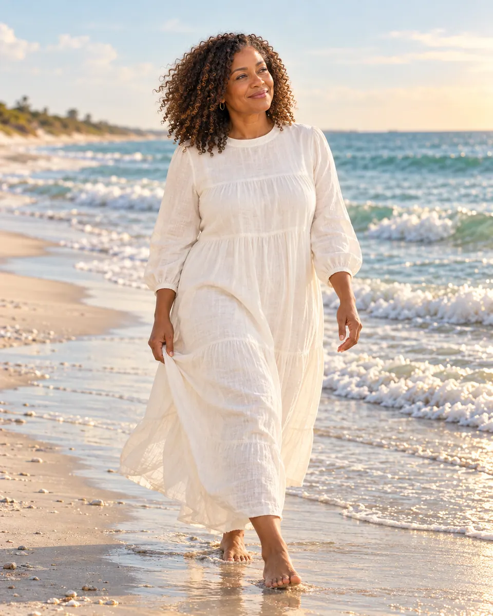 Illustrative photograph of a woman walking on the beach in a white dress