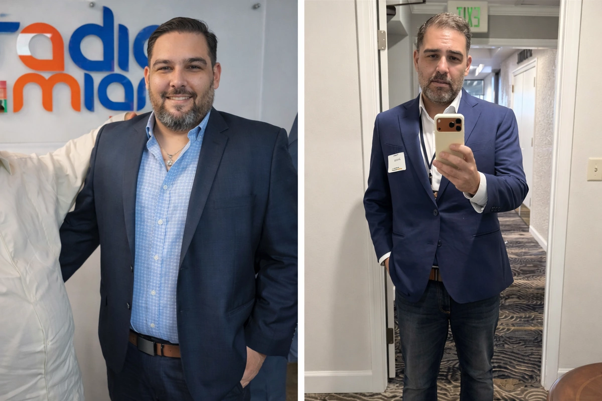 Jaime before his weight-loss journey, in his original blue-suit photograph