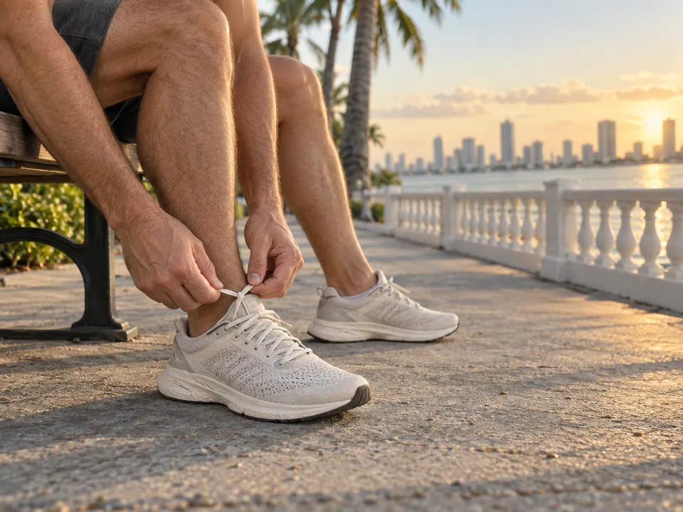 A man tying his running shoes before a waterfront walk