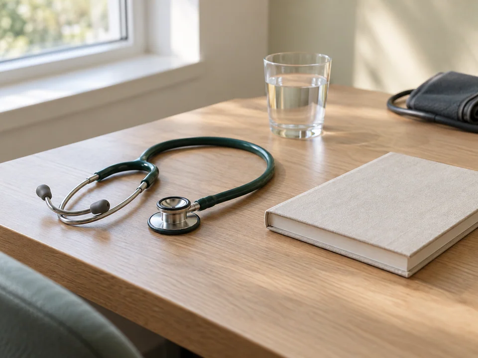 Illustrative still life of a stethoscope and notebook on a primary-care consultation desk