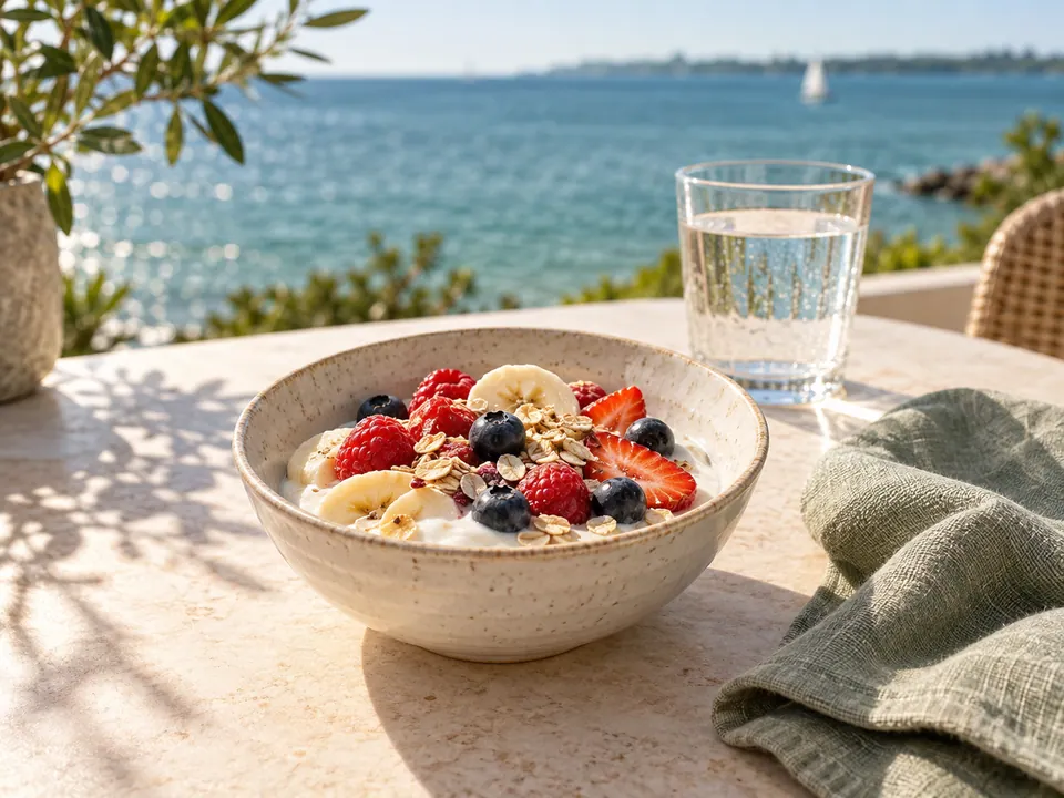 A breakfast of yogurt, fruit and oats on a coastal table
