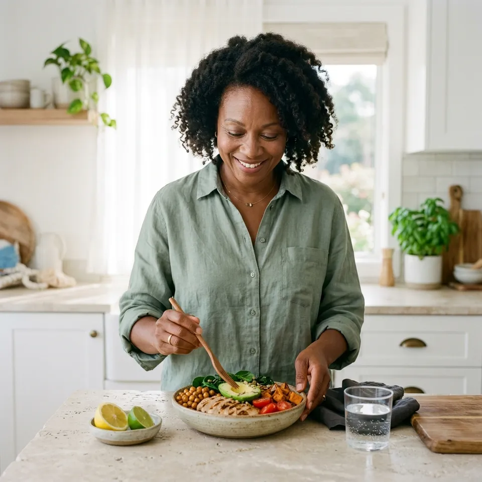 Illustrative photograph of a woman in a sage linen shirt plating a bowl of grilled chicken, chickpeas, greens and vegetables in a sunlit kitchen
