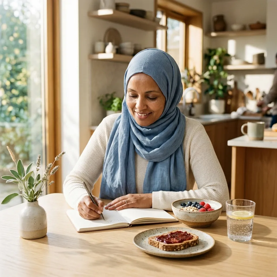 Illustrative photograph of a woman in a blue hijab writing in a notebook at a bright kitchen table beside a yogurt-and-berry breakfast