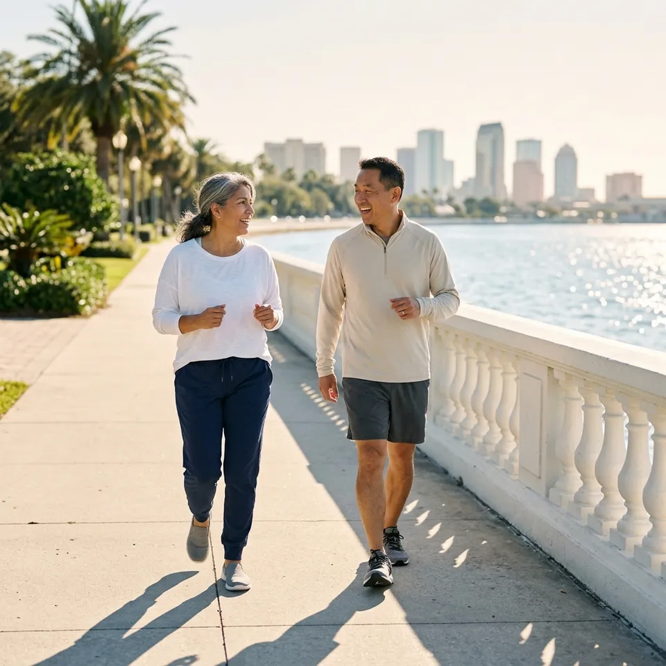 Illustrative photograph of two adults walking briskly along the Bayshore Boulevard balustrade in Tampa on a sunny morning