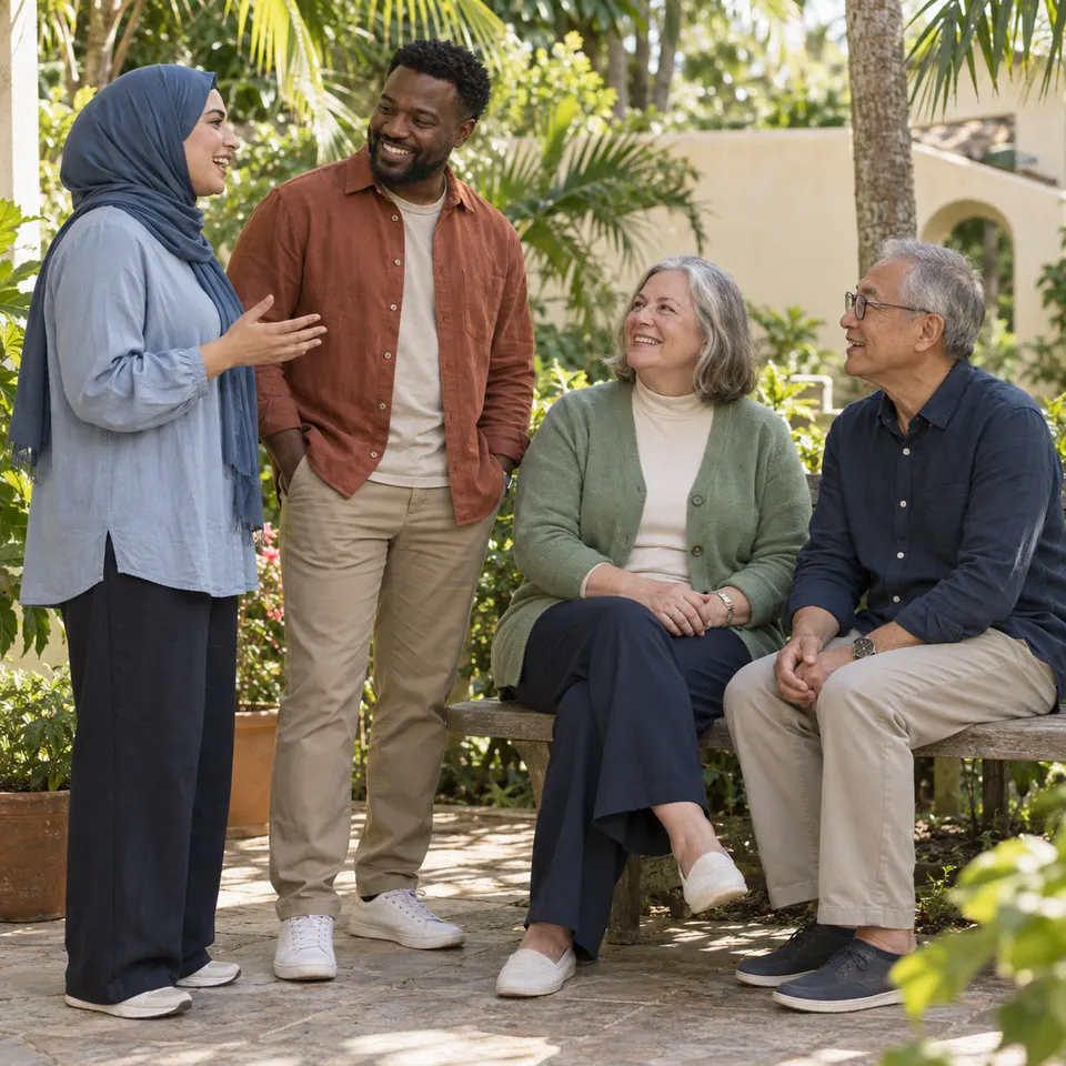 Illustrative photograph of younger and older adults talking in a garden