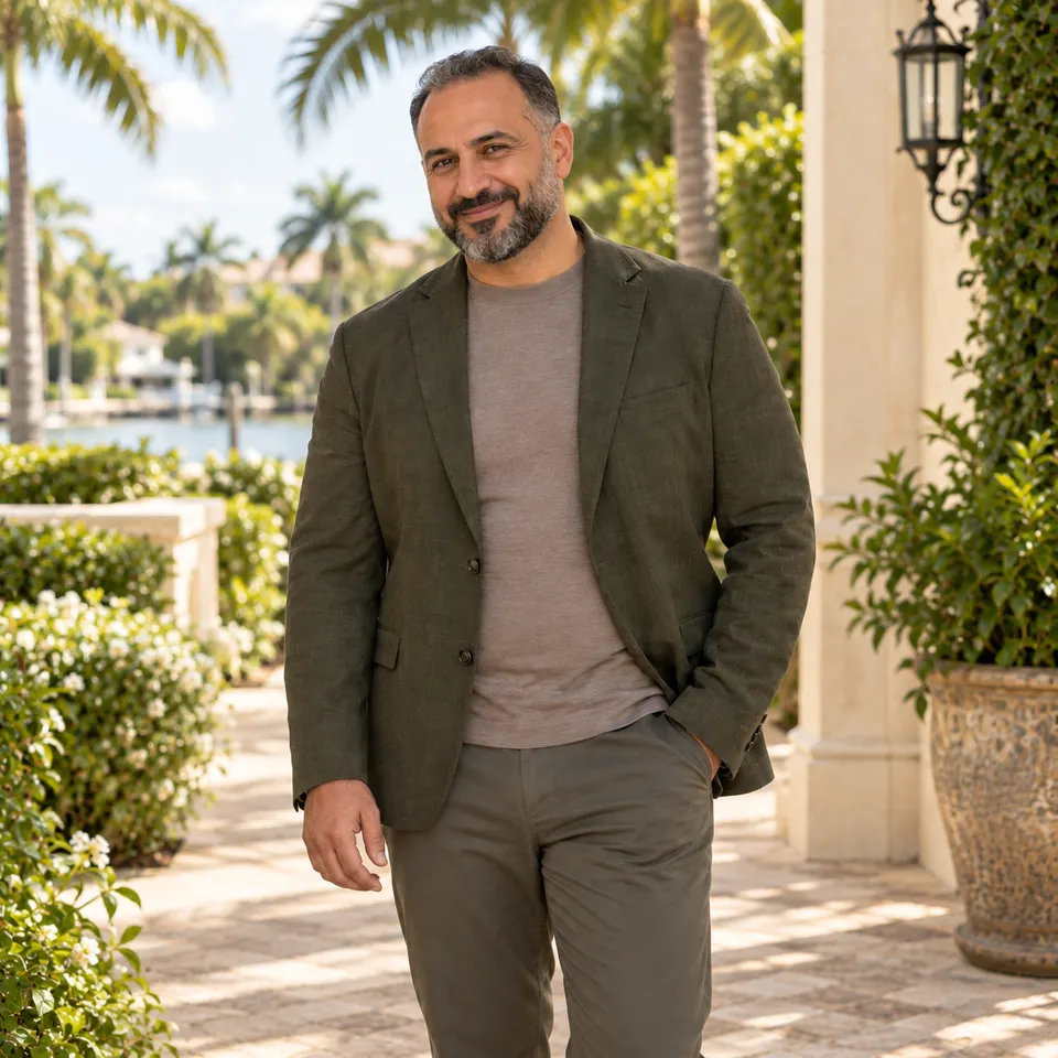 Illustrative photograph of a smiling man in a blazer in a sunlit garden