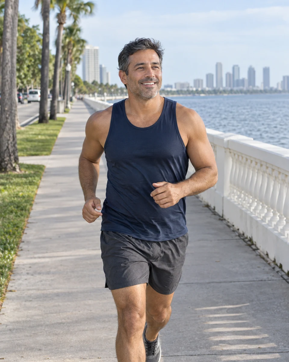 Illustrative photograph of a smiling man jogging outdoors