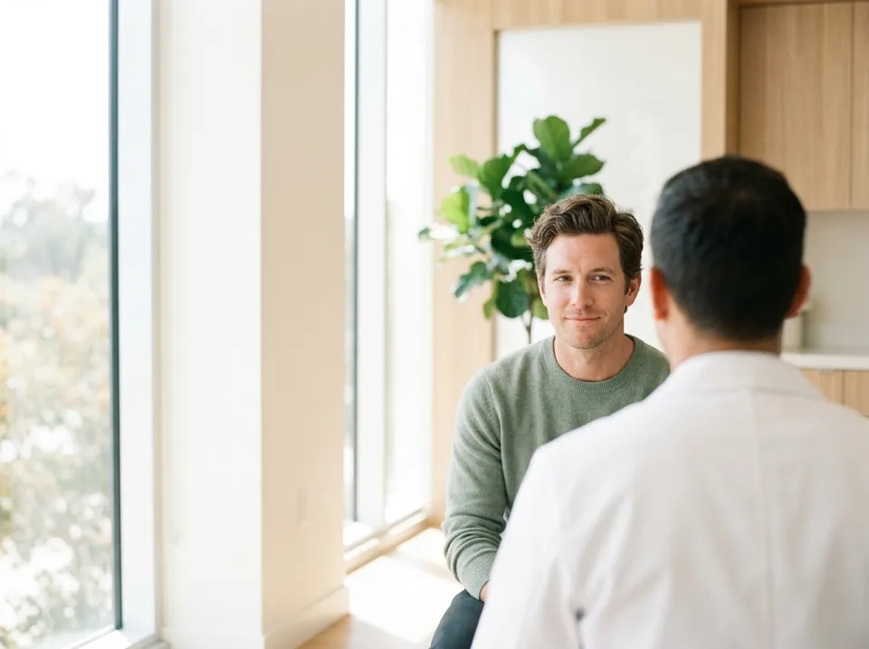 Illustrative photograph of a physician talking with a patient in a bright consultation room