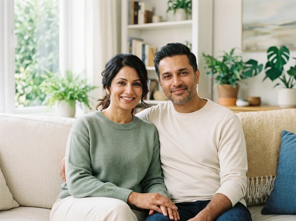 Illustrative photograph of a smiling couple sitting together on a sofa at home